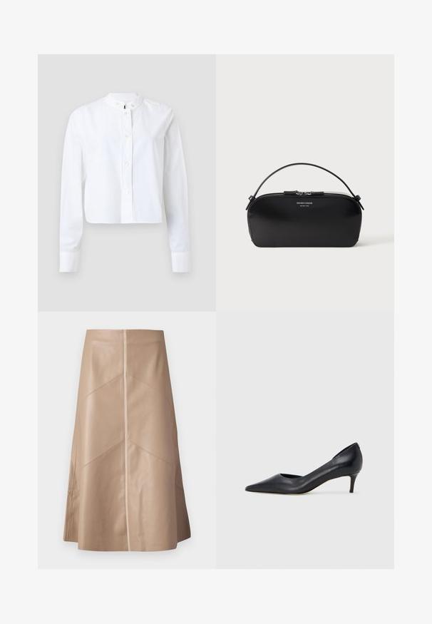 Chemise blanche raccourcie à boutons avec col officier, manches longues et petits boutons, confectionnée en tissu de coton lisse.; Jupe A-line en simili cuir beige avec des détails de panneaux subtils et une finition mate lisse, longueur genou et taille haute.; Escarpin en cuir noir avec un bout pointu et un talon bas. Présente une texture lisse et un éclat subtil. Découpe ouverte à l'avant pour un détail supplémentaire.; Petit sac bracelet en cuir noir avec fermeture éclair argentée et poignée courte, logo Emporio Armani Milano 1981 embossé sur le devant.