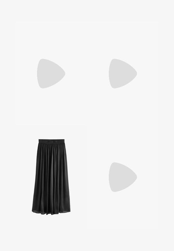 Haut noir à manches longues avec col montant ; orné d'un bord en plumes texturé aux poignets ; fabriqué en tissu doux et extensible.; Jupe noire, longueur genou, avec une taille froncée et un design fluide. Fabriquée en tissu léger, lisse et à la texture douce.; Botte en cuir noir jusque sous le genou avec un bout pointu, des détails de boucle carrée et des clous décoratifs ; elle possède un petit talon carré.; Pochette rectangulaire en cuir noir souple avec une surface lisse et sans quincaillerie ou fermetures visibles.