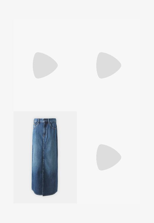 Türauer Langarm-Bodysuit mit einem Schulterdesign, geraffter Textur auf einer Seite und glatter Oberfläche. Verfügt über einen Tanga-Schnitt am unteren Ende.; Blaue Denim-Midi-Rock mit geradem Schnitt, vorderem Knopfverschluss, Gürtelschlaufen und zwei seitlichen Taschen. Weicher, strukturierter Stoff.; Hoher dunkelbrauner Leder-Cowboystiefel mit gestickten dekorativen Mustern, spitzer Spitze und gestapeltem Blockabsatz.; Weiße Kunstleder-Handtasche mit einer strukturierten dreieckigen Form, einem verstellbaren Einzelgurt und einem Klappenverschluss mit geschwungenen Akzenten.