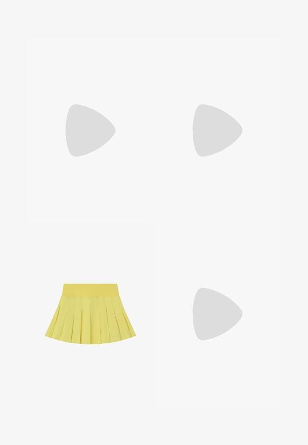 Top corto de manga larga en color Lila, con escote cuadrado, cierre de botones en el frontal, detalles de volantes y lazos ajustables en las mangas.; Falda amarilla plisada con una cinturilla ancha, de longitud corta y pliegues verticales uniformemente espaciados.; Zapato dorado de punta afilada con talón bajo tipo bloque y una única tira adornada a lo largo de la parte superior.; Bolso sintético blanco con dos bolsillos delanteros, cada uno con un detalle de lazo atado. Textura suave, asas redondeadas y cierre de cremallera.