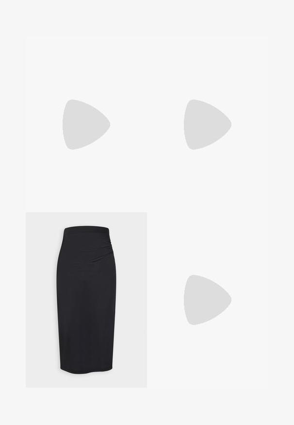Top de manga larga negro con cuello alto, con hombros fruncidos y mangas ajustadas. Fabricado en un material suave y elástico.; Anna Field by Zalando Falda de tubo - black; Steve Madden MILANO - Sandalias de tacón - black; Bolso de mano de cuero negro con forma triangular, tapa en ángulo y un asa superior redondeada. Presenta una textura suave y detalles de diseño minimalistas.