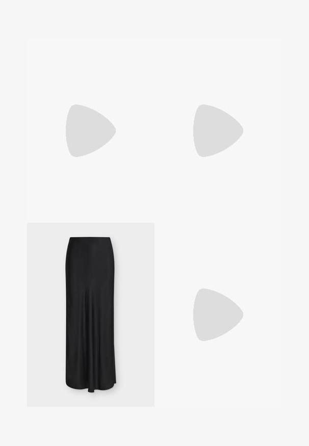 Haut asymétrique marron foncé à manches longues avec une épaule dégagée et un détail de tissu froncé sur un fond uni.; Jupe longue en satin noir avec une silhouette lisse, légèrement évasée et une taille haute, présentée sur un fond clair.; Escarpins en cuir noir avec une pointe fine, une bride ajustable et un talon aiguille élégant, présentant une finition lisse.; Pochette en cuir brillant marron foncé avec un design plissé et une fine lanière pour poignet sur fond blanc.