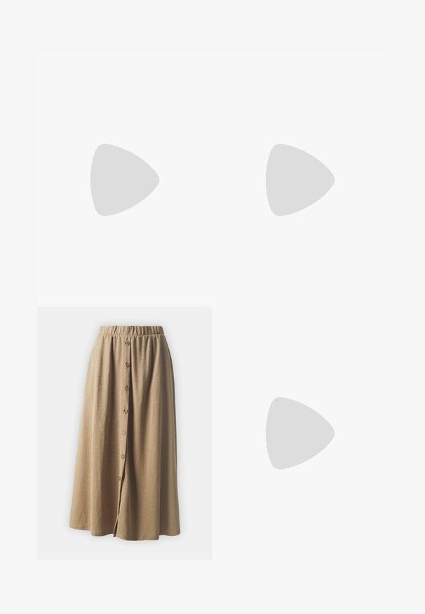 Culture CUEBBA ANNEMETTE - Neule - tannin; Khaki midi hame, joka on varustettu kootulla joustavalla vyötäröllä ja napitettavalla etupuolella, jossa on viisi pyöreää nappia, valmistettu pehmeästä, teksturoidusta kankaasta.; Ruskea korkokengät, joissa on kiilanmuotoinen kärki, säädettävä solkihihna ja hoikka kapeneva korko.; Ruskea patentoitu nahkalaukku, jossa on suorakaiteen muotoinen malli, kaksi pitkää kantohihnaa ja hienovaraiset kaarevat yksityiskohdat etuosassa.