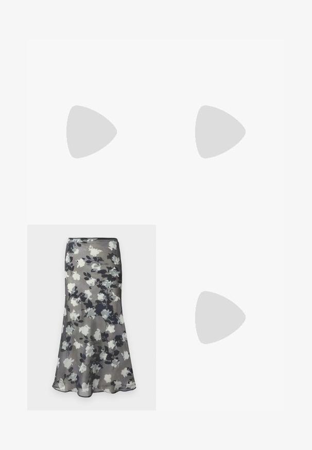 Top amarillo sin tirantes con cuerpo fruncido, que presenta volantes en capas. Fabricado con una tela ligera y de textura suave. Se ata al cuello.; Falda midi gris con estampado floral en negro, blanco y gris y un ligero vuelo en el dobladillo.; Sandalias negras con tacón y puntera cuadrada, hechas de cuero liso. Presentan tiras fruncidas y un tacón delgado para mayor elevación.; Bolsa de terciopelo negro con forma redondeada, un asa superior y un cierre de acento dorado. Textura suave con un diseño minimalista.