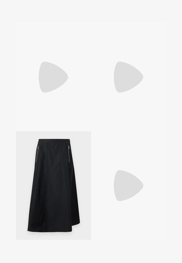 Sort langærmet t-shirt med rund hals lavet af tekstureret stof, med en lige kant og syede detaljer ved kraven og skuldrene.; Sort A-formet nederdel med frontpaneler, to lodrette sølvfarvede lynlåslommer nær taljen og en skjult lynlåslukning bagpå.; Sort læder ankelstøvle med rundt tå, blokhæl, lynlås i siden og stikninger på vampsiden. Glat tekstur, klassisk design.; Olivengrøn læderclutch med ruchet design, sølvmetalramme og dobbelt kugle-lukning. Har en glat tekstur og en bred rem.