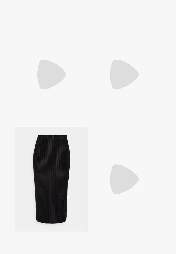 Langærmet olivengrønt top, lavet af glat stof, med en rund halsudskæring og en tætsiddende design uden mønstre eller detaljer.; Vero Moda Tall VMMONI CALF SKIRT - Pencil skirt - black/snow white; Sorte læderloafer med kvaster, firkantede tæer og dekorative syninger, kombineret med hvide bukser med vide ben.; Sort læder skuldertaske med spænde på remmen, afrundede kanter og kontrasterende hvide syninger på en ensfarvet baggrund.