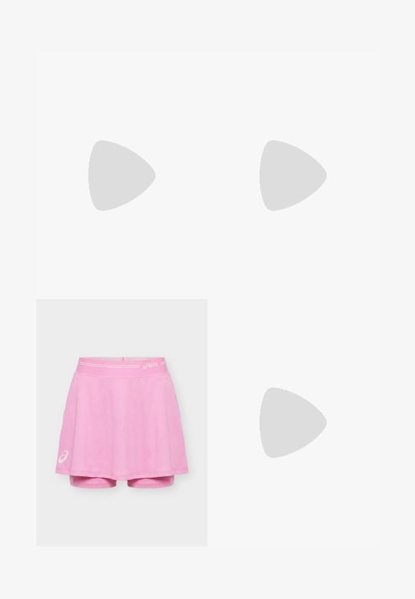 ASICS COURT TANK - Top - bright rose; Roze sportieve skort met ingebouwde short, met ASICS-logo's op de tailleband en linker zoom, afgebeeld op een effen achtergrond.; Marineblauwe sportschoen met witte en roze zool, wit logo aan de zijkant, vetersluiting en meshdetails op de neus en zijkanten.; Witte katoenen riem met twee langwerpige handgrepen, met een gladde textuur en een rechthoekig lichaam. Eenvoudig ontwerp, geen aanvullende patronen of versieringen.