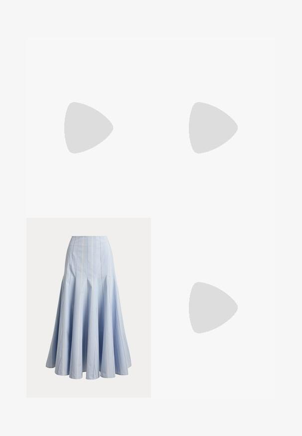 Top de manga larga acanalado en verde oliva, con escote redondo y forma ajustada. Textura suave con acentos en las costuras laterales.; Falda larga azul claro con rayas blancas verticales finas y detalles acampanados en los paneles, mostrada sobre un fondo liso.; Anna Field Bailarinas con hebilla - dark red; Gafas de sol marrón carey con lentes ovalados, que presentan un marco delgado y un pequeño acento metálico en el lateral. Acabado texturizado y pulido.