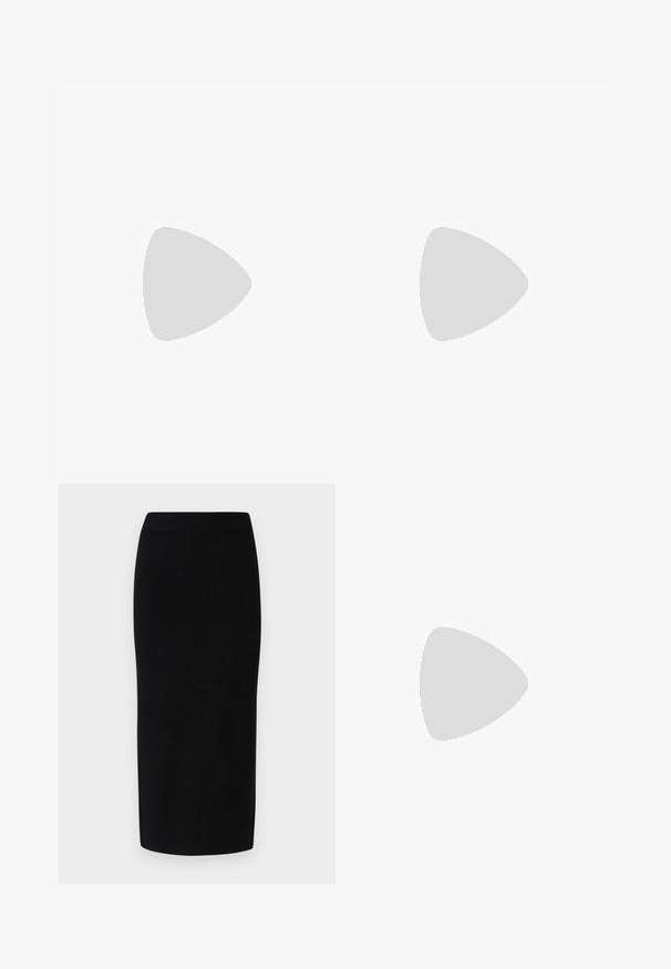 Zwarte lange mouwen top van gladde stof, met een mock neck ontwerp en een gegolfde zoom. Geen zichtbare patronen of hardwareaccenten.; Zwarte gebreide midi-jurk met een aansluitende silhouet, voorzien van een brede elastische tailleband en een gladde textuur, zonder waarneembare patronen of accenten.; Zwarte laarzen tot de knie van soepel leer met een vierkante neus en blokhak. Draag ze met een grijze denim rok met een rafelige zoom.; Zwarte rechthoekige zonnebril met donkere getinte lenzen, een dik plastic montuur en brede scharnieren. Glad oppervlak en hoekig ontwerp.