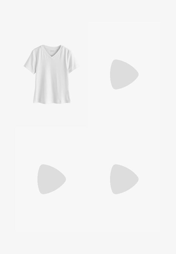 Hvid T-shirt med korte ærmer og V-hals med et enkelt, ensfarvet design og almindelig pasform vist på en hvid baggrund.; Grå stribede skater nederdel med en tætsiddende talje, udformet i A-linje og en blød stofstruktur. Lodrette linjer øger den visuelle interesse.; Sorte net mesh Mary Jane flade sko med rund tå, justerbar rem, sølv spænde og solid hælkappe på hvid baggrund.; Lille sort blank håndtaske med to lange håndtag og snøre-detaljer i siden på en ensfarvet lys baggrund.
