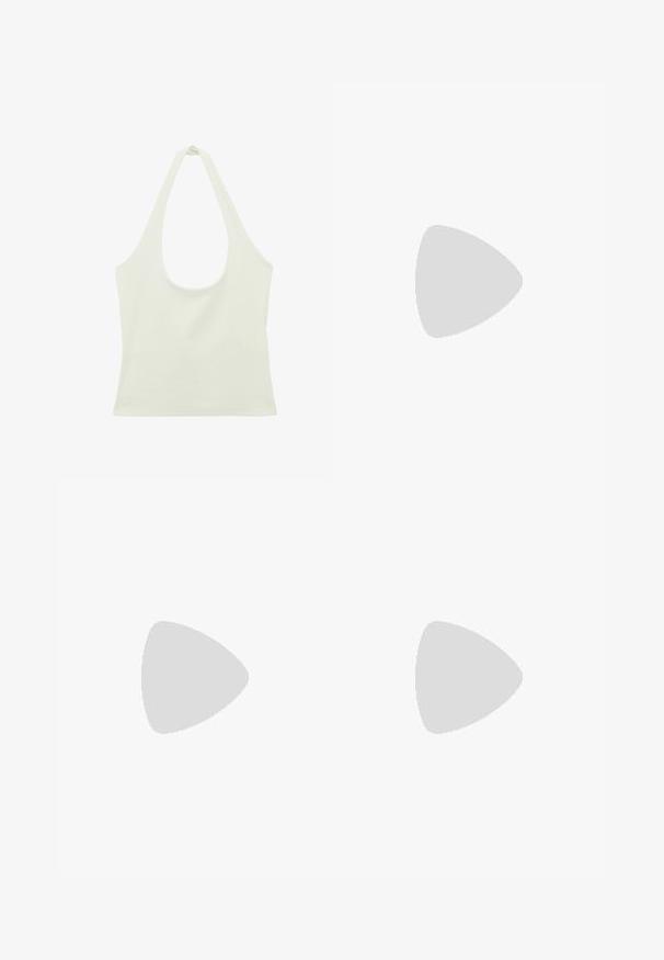 Débardeur à col halter en maille côtelée blanche avec larges bretelles et encolure arrondie, sans manches, taille ajustée, style décontracté.; Pantalon blanc à jambes larges avec taille élastique et cordon de serrage, en tissu léger.; Sandale en cuir vegan rose avec deux sangles réglables à boucle, semelle en liège et semelle en caoutchouc noire. Design minimaliste avec un profil plat.; Lunettes de soleil en écaille de tortue avec une forme rectangulaire, verres marron, monture en plastique lisse et branches fines avec des motifs tonals subtils.