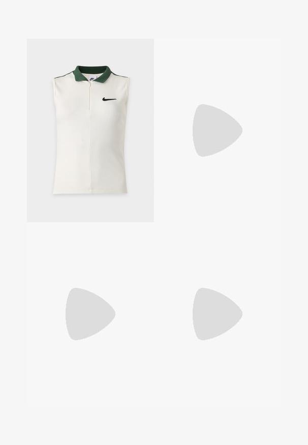 Λευκό αμάνικο τοπ Nike με ραβδωτή υφή, σκούρο πράσινο γιακά, φερμουάρ στο μισό μήκος και μαύρο λογότυπο Nike στο στήθος.; Μπλε τζιν παντελόνι με χαλαρή γραμμή, χαρακτηριστικά ψηλής μέσης, ίσιες γραμμές και εκτεθειμένα ραφές, καθώς και μια μικρή λεπτομέρεια στο αριστερό γόνατο.; Λευκά αθλητικά παπούτσια με πάνελ από δίχτυ, μαύρες λεπτομέρειες και υφή στη σόλα. Διαθέτουν κομψό σχέδιο και έναν εξέχοντα λογότυπο στο πλάι.; Μαύρη τσάντα ώμου με ρυθμιζόμενο ιμάντα, κλείσιμο με φερμουάρ και μικρό ασημένιο λογότυπο κροκόδειλου στο κέντρο μπροστά.