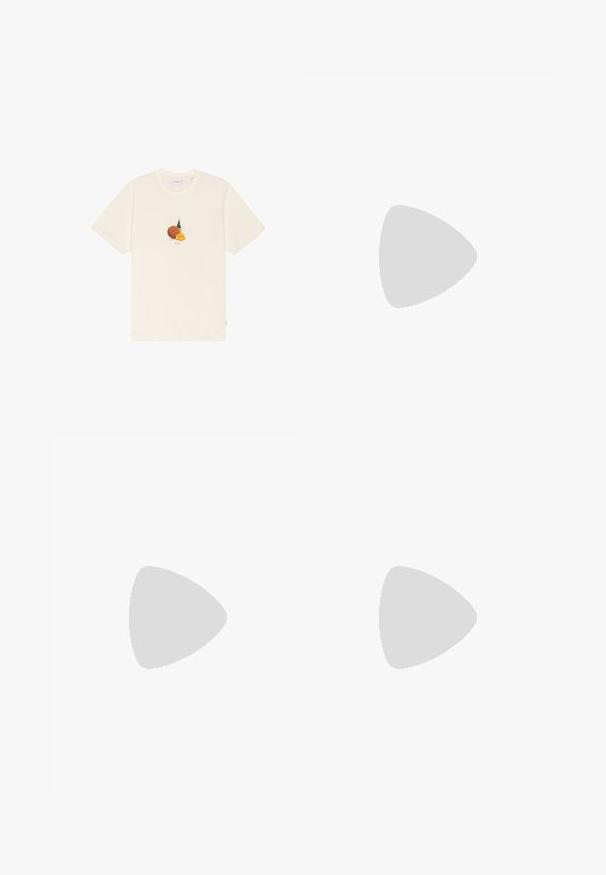 Camiseta color crema con un gráfico centrado de un balón de baloncesto, una botella verde y un pequeño ramo de flores naranjas debajo.; Vaqueros de mezclilla azul claro con un corte recto, que cuentan con un diseño clásico de cinco bolsillos y cierre de botones.; Zapatillas de cuero beige con un acabado suave, punta redondeada, suela plana y un diseño clásico de cordones. Detalles sutiles de costura y suela texturizada.; Bolso bandolera de cuero marrón claro con correa ajustable y cierre de cremallera, mostrado sobre un fondo claro y liso.
