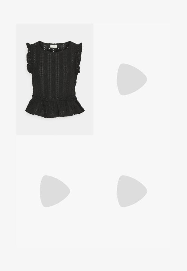 JDY Petite JDYDEMI FRILL - Trükipildiga T-särk - black; Mustade täppidega seelik, kõrge vöökoht, nööpide eesmine kinnitamine, põlve pikkus, valmistatud sileda tekstuuriga ja peene langevusega kangast.; Mustad kõrge kontsaga sandaalid avatud varbaga, õhukeste rihmadega ja pahkluukinnitusega. Sile nahk tekstuur ja terav varvades disain.; Kullatud tooni rõngas kõrvarõngad, millel on sile, ümar kuju ja poleeritud pind. Tagaküljel on oranžid aktsendid, mis tagavad kindla kinnituse.