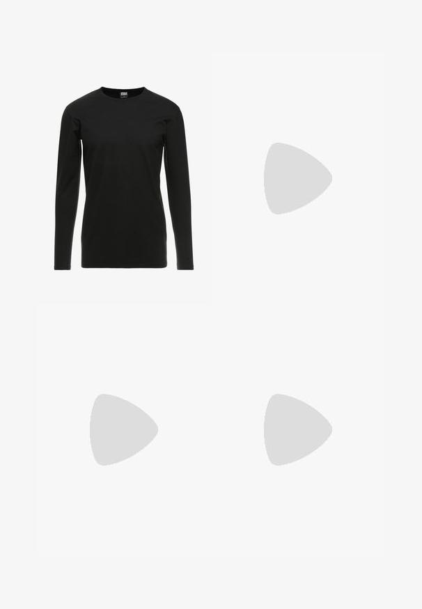 Urban Classics STRETCH TERRY  - Langærmet T-shirt - black; Denim overalls i en mellemblå tone, med justerbare sorte stropper, flere lommer og metalhardware detaljer.; Sorte atletiksko med et tekstureret stofoverdel, metalliske detaljer og en markant luftfyldt sål. Har distinkte bølge-lignende designelementer.; Ray-Ban solbriller med grønne linser, sorte plastikstel og gyldne detaljer ved kanterne. Firkantet form med mat finish.
