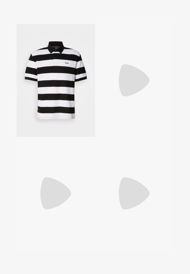 Polo a rayas en blanco y negro con cuello, tapeta de dos botones y detalle de logo. La tela parece suave y con textura.; Pantalones de mezclilla blanca con un diseño de pierna recta. Presenta un clásico diseño de cinco bolsillos, cierre de botón metálico y una ligera textura.; Mocasín de cuero negro con detalle de tira gris, tacón bajo y suela texturizada, con la marca "HUGO" en oro en el lateral.; Bolso bandolera negro de cuero texturizado con bolsillo frontal con cremallera y correa de hombro ancha de tela ajustable sobre fondo blanco.