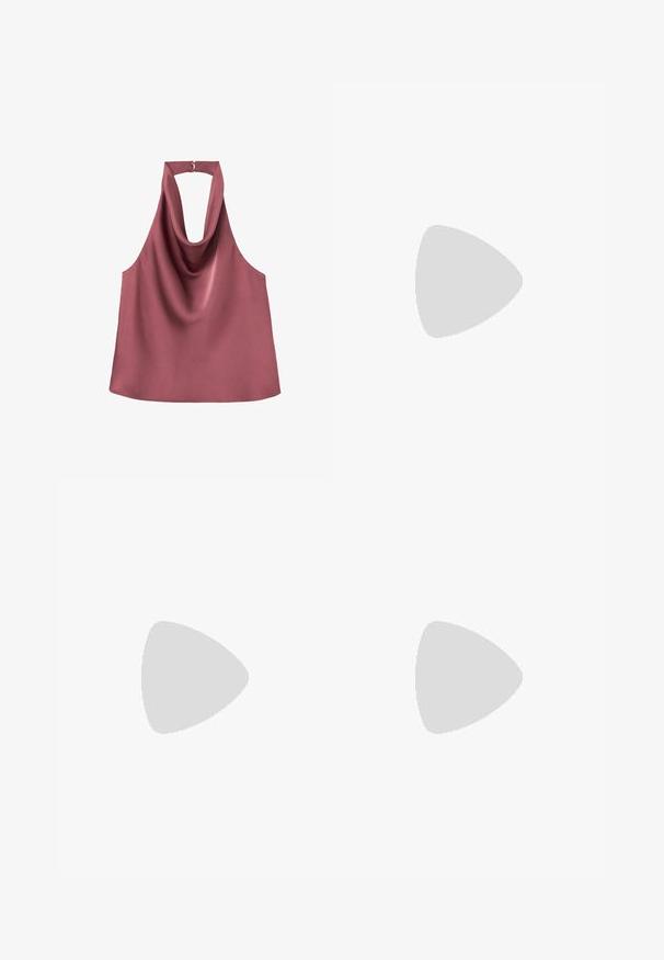 Top sans manches mauve à col halter avec un drapé à l'avant et une petite fermeture à clip à l'arrière du col.; Pantalons larges bordeaux en satin avec une texture lisse, dotés d'une taille haute et de deux poches latérales pour un détail fonctionnel.; Mule en cuir verni noir à bout ouvert avec un talon stiletto fin de hauteur moyenne et une bride supérieure basse.; Sac à main en cuir violet foncé avec un design structuré, deux poignées, des accessoires dorés, un rabat plat avec un fermoir et un détail porte-clés.