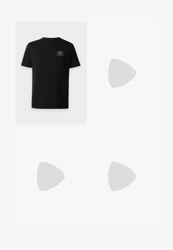 Sort kortærmet t-shirt med rund hals og et lille hvidt broderet mærke på venstre bryst med teksten "fra Paris med kærlighed, Karl xx."; Sorte sweatpants lavet af blødt stof, med en elastisk talje og snøre, tapered ben og et logo langs siden.; Sort løbesko med tekstureret overdel, glatte detaljer og en chunky sål med bølgemønster, designet for komfort og holdbarhed.; Oliven grøn crossbody taske lavet af tekstureret materiale, med to lynlåskompartments og hvid trykt branding på forsiden. Justerbar rem.