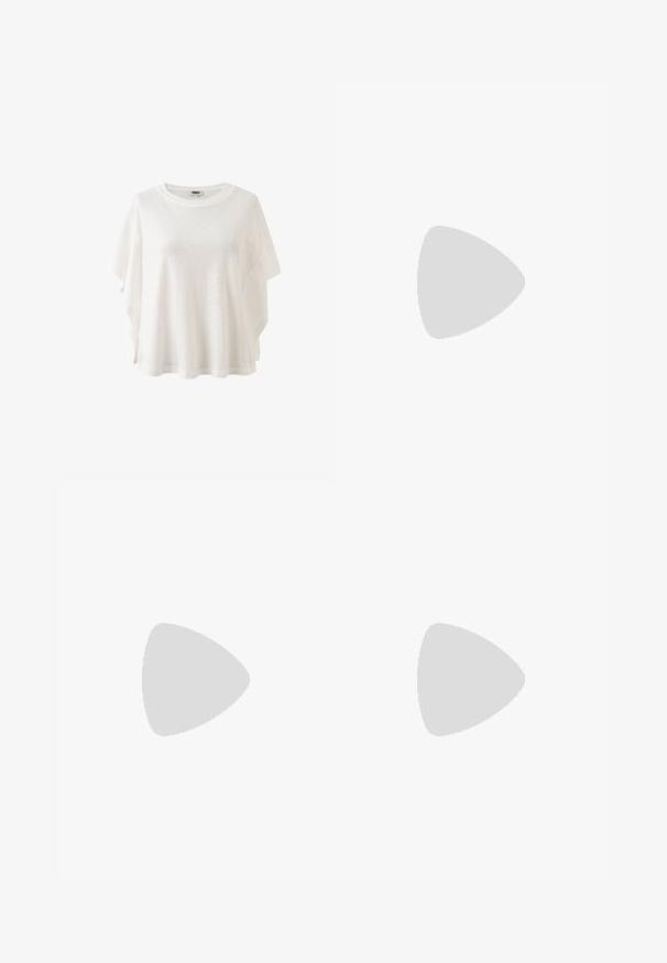 Wit, loszittend T-shirt met korte mouwen, brede zijopeningen en ronde hals, gemaakt van lichtgewicht stof met een subtiel textuurpatroon.; Beige, knielange rok met een gladde textuur en een rechte snit. Geen zichtbare naden of sluitingen, met een schoon, minimalistisch ontwerp.; Bruine leren flip-flopsandalen met een brede band over de voet, een smalle tussenstuk voor de tenen en een platte zool met een subtiele zwarte acccent.; Ovale zonnebril met tortoise (schildpad) patroon en donkere glazen, van voren bekeken tegen een effen witte achtergrond.