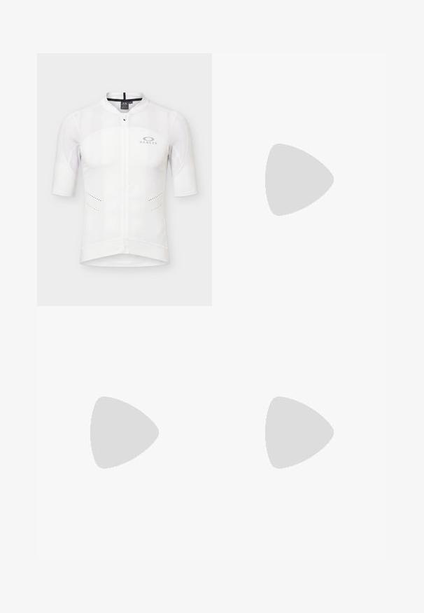 Valkoinen lyhythihainen pyöräilypaita, jossa on täysi vetoketju edessä, verkkokankaat olkapäillä ja Oakleyn logo vasemmassa rinnassa.; Mustat polvipituudet, joissa on joustava vyötärönauha ja pieni valkoinen Adidas-logo vasemmassa lahkeessa, esitetty yksivärisellä taustalla.; Mustat urheilukengät, joissa on kevyt muotoilu, kolme näkyvää harmaata raitaa, sileä pinta ja muotoiltu pohja.; Mustat hanskat, joissa on sileä pinta, yhdellä on harmaa raidallinen korostus ja toisessa kämmenessä on teksturoitu pito-kuvio.