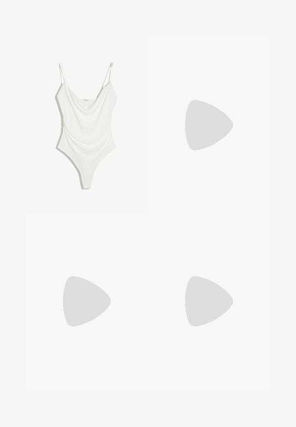 Body blanc sans manches avec fines bretelles doubles et un col bénitier drapé, conçu pour une coupe ajustée.; Pantalon beige ample avec taille élastique et poignets froncés resserrés aux chevilles, en tissu léger.; Mocassin en daim marron avec bout arrondi, détails froncés à l'avant et petit nœud décoratif. Semelle en caoutchouc plate pour plus de confort.; Sac fourre-tout en daim marron avec deux anses en cuir noir. Texture douce, haut arrondi et un intérieur spacieux. Aucun matériel ou embellissement visible.