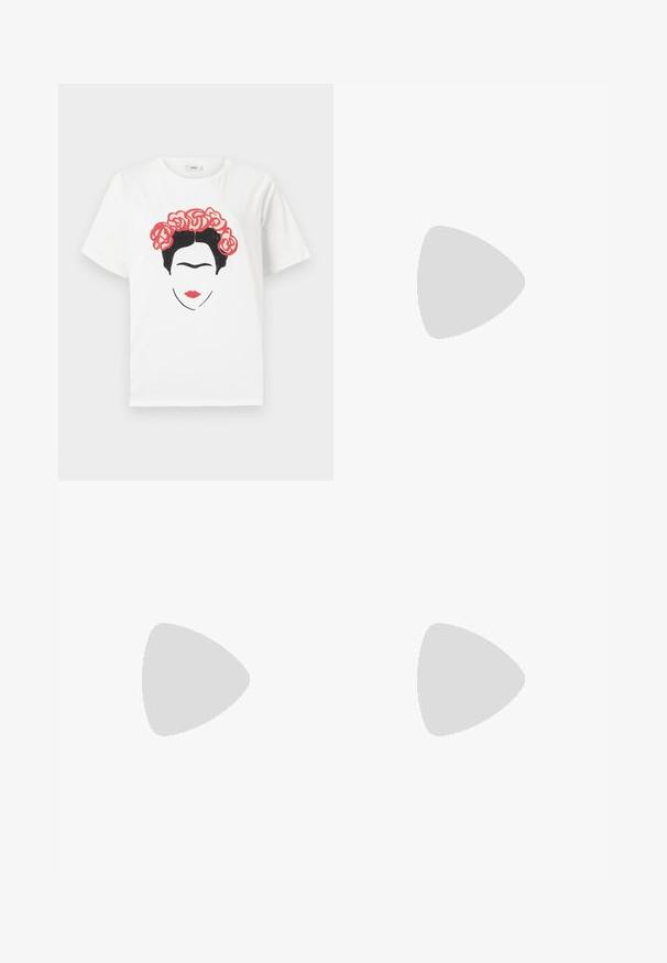 Hvid bomulds t-shirt med et grafisk design af et ansigt med sort hår og en blomsterkrans af røde roser, med røde læber og simpel linjekunst.; Lyserøde, plisserede bukser med bred ben-design og elastisk talje, der har en vertikal tekstur og en glat finish.; Sorte læder flade sko med spids tå, samling detaljer omkring åbningen, og en sølv spænde accent på den justerbare rem.; Lyserøde transparente solbriller med ovale linser, mørkerød toning og slanke stænger, der har en glat overflade og diskret detaljering på rammen.