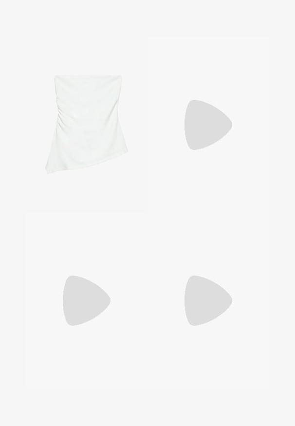 Haut blanc asymétrique sans bretelles avec un léger détail froncé sur un côté, style ajusté, design épuré et minimaliste.; Minijupe-short jaune clair avec une petite fente latérale, combinant une jupe devant et un short intégré dessous, présentée sur un fond blanc.; Escarpin beige à bride arrière avec bout pointu, talon aiguille de hauteur moyenne et boucle rectangulaire sur le devant.; Sac à main en cuir blanc au design structuré, avec une anse supérieure et un fermoir en ton doré. Texture lisse et accents minimalistes.