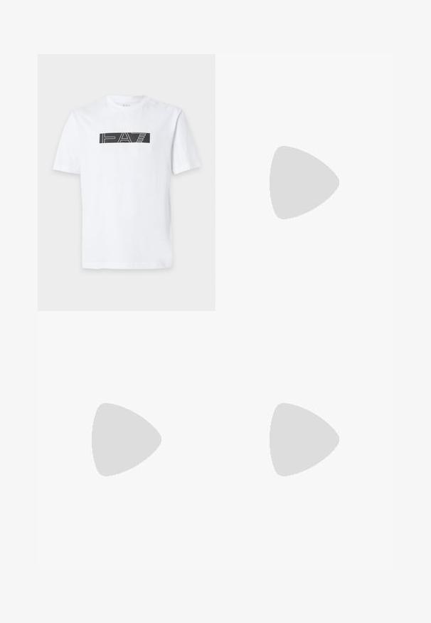 T-shirt blanc à manches courtes avec un graphique rectangulaire noir et un texte stylisé "EA7" centré sur la poitrine.; Shorts décontractés gris en dégradé avec ceinture élastique et bandes blanches sur les côtés, longueur genou, présentés sur un fond uni.; Baskets basses blanches avec un onglet de talon gris, des lacets blancs et une semelle texturée, présentées sur un fond uni clair.; Sac à bandoulière en nylon noir avec une sangle contrastante, une forme rectangulaire élégante, un détail de logo et une poche zippée à l'avant.