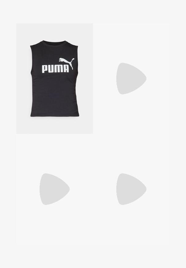 Sort ærmeløs skjorte lavet af blødt stof med en fremtrædende hvid "PUMA" logo og en springende pumasilhuet.; PUMA lyserøde træningsshorts med en sort elastik i taljen med logoet. Stoffet er glat og strækbart, designet til komfort og bevægelighed.; Sorte sportsko med mesh-overdel, pink detaljer, hvid mellemsål og karakteristisk logo. Har et let design og struktureret sål.; Lyserød Puma shopper-taske med sort skulderrem, korte håndtag med Puma-logo, forreste lynlåslomme og sidelommer i net.