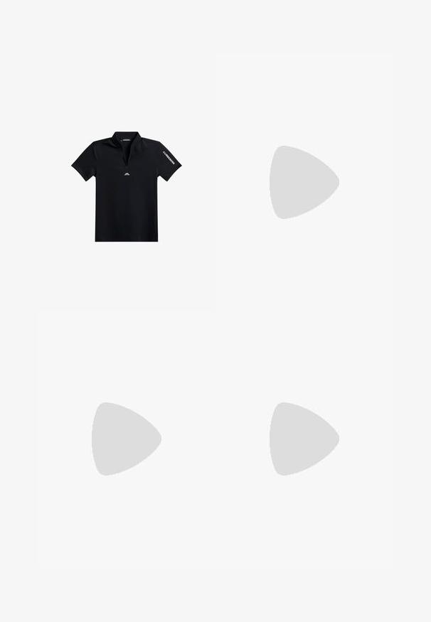 Polo negro de manga corta con cuello de cremallera, con un logo blanco en el pecho y el texto "J. Lindeberg" en la manga derecha. Textura lisa.; Falda negra plisada con dos franjas grises horizontales cerca del dobladillo, con una cinturilla suave y detalles laterales sutiles.; Zapato de cuero negro con un acabado suave, panel lateral texturizado, diseño de cordones y cuello acolchado. Presenta un logo sutil y acentos con patrón.; Par de guantes de cuero negros sin dedos con cubiertas de pulgar removibles y pequeño logo blanco en la muñeca.