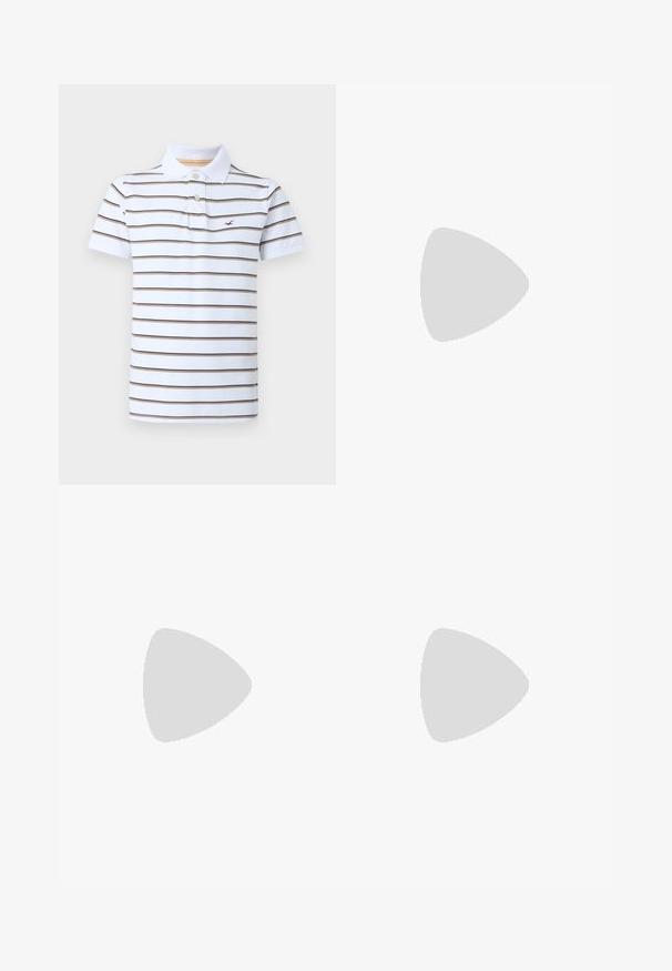 Polo blanc à manches courtes avec des rayures horizontales marron, deux boutons et un petit logo rouge brodé sur la poitrine gauche.; Shorts cargo vert olive avec fermeture à bouton, plusieurs poches latérales et détails cousus. Fabriqués en tissu durable avec une coupe décontractée.; Baskets blanches avec des accents noirs et gris, présentant un embout texturé gris, une semelle en caoutchouc noir et des lacets plats blancs. Design épuré, style minimaliste.; Sac fourre-tout en toile bleue avec poche frontale et broderie rouge "O.N.S", doté de doubles poignées et d'une bandoulière réglable.