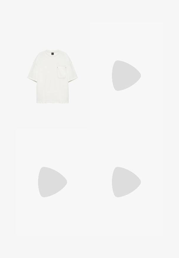 Enkelt hvid T-shirt med korte ærmer, rund hals og en enkelt lomme på venstre bryst side mod en hvid baggrund.; Brune atletiske bukser lavet af glat stof, med hvide sidelister og elastisk talje. Inkluderer lommer på begge sider.; Sorte lædersko med en glat overflade, rund tå, brune snørebånd og lysebrune gummisåler. Logo præget på siden.; Sort flettet snørrearmbånd med røde og hvide accenter og en sølv cylindrisk lukning med indgraveringen "le gramme".