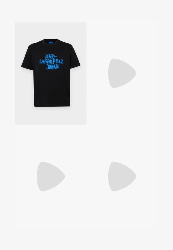 T-shirt noir en coton à manches courtes, avec un texte "KARL LAGERFELD JEANS" en bleu spray sur le devant dans un style graffiti audacieux.; Jeans en denim bleu clair avec une coupe décontractée, un design à cinq poches et un léger effet de vieillissement. Comprend une étiquette de marque près de la taille.; Baskets blanches en cuir lisse avec motif gaufré. Présentent un bout rond, un laçage à l'avant et une semelle texturée. Détail du logo argenté sur le côté.; Sac en nylon noir en bandoulière, de forme rectangulaire, avec une étiquette de poche à l'avant, des éléments en métal argenté et une sangle ajustable.