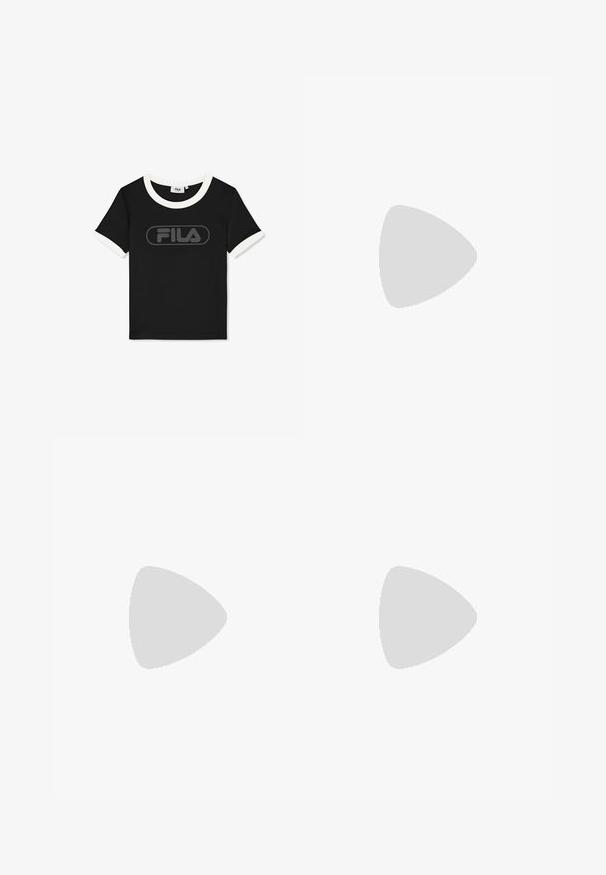 Sort T-shirt med korte ærmer med hvid kant på krave og ærmer, med sort FILA-logo centreret på brystet.; Teal brede bukser med elastisk talje, prydet med stribede detaljer i pink og hvid på siderne, lavet af letvægtsstof.; Sølv og hvid chunky sneaker med mesh- og læderdetaljer, tyk hvid sål og "BUFFALO" branding på hælkappen.; Rektangulær sølvclutch lavet af struktureret metallisk stof, med en klipslukning og et aftageligt kædetræk til at bære.