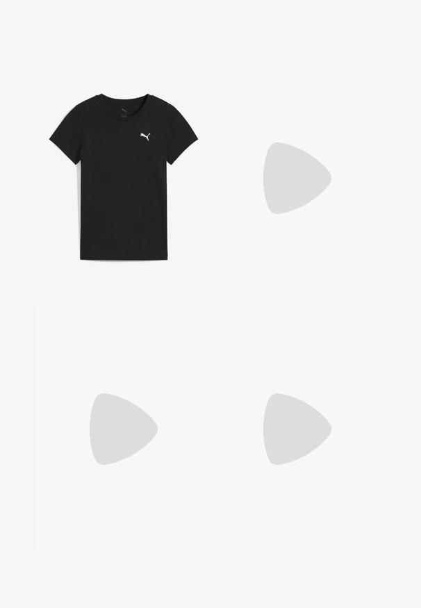 Camiseta negra de manga corta Puma con cuello redondo y logo blanco de Puma en el pecho izquierdo.; Pantalones de deporte negros acampanados con rayas laterales blancas, cintura con cordón y logotipo de Puma en el muslo izquierdo sobre un fondo claro.; Zapatillas de cuero blanco con una franja de ante negro, suela de goma y branding dorado en el costado. Diseño con cordones y puntera redondeada.; Bolso de hombro triangular negro con correa delgada, sutil patrón de monograma y pequeño logotipo plateado de Puma en el centro.
