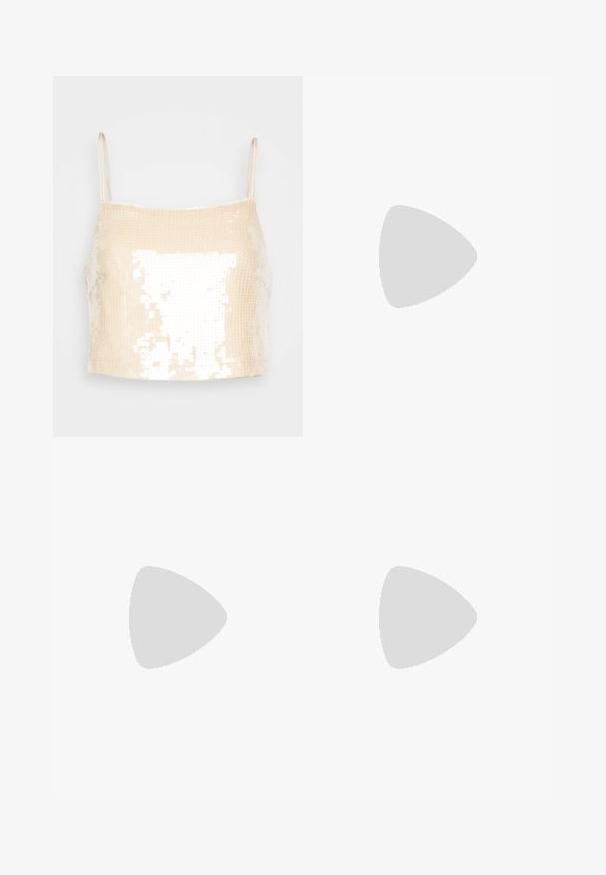 Beige crop top dengan tali tipis, menampilkan tekstur berpayet yang memantulkan cahaya, menciptakan efek berkilau di seluruh permukaan.; Vaaleanvihreä paljetein koristeltu minihame, jossa on kiristysnyöri vyötäröllä, esillä valkoisella taustalla.; Sandaalit, joissa on läpinäkyvät hihnat, beige jalkapohja ja paksu läpinäkyvä korko. Suora ja sileä muotoilu, minimalistinen estetiikka.; Mustakoruista käsilaukkua, jossa on kaareva siluetti, kantokahva ja kiiltävä pinta. Yhdistettynä korkeakorkoisiin mustiin kenkiin ja napakoihin mustiin shortseihin.