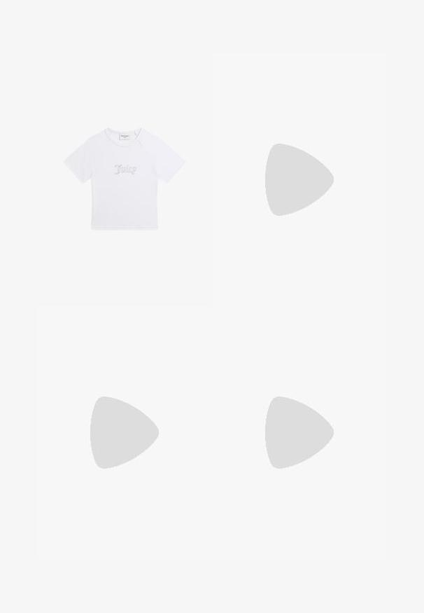 T-shirt court blanc à manches courtes avec l'inscription "Juicy" en strass centrée sur le devant et un col rond.; Jean bootcut en denim bleu avec fermeture à double bouton et poches avant, montrant un léger délavage aux cuisses et aux genoux.; Baskets à plateforme blanches avec lacets à l'avant, détails perforés sur le côté et semelle épaisse, vues de profil extérieur sur un fond blanc.; Sac bandoulière en cuir bleu clair avec une sangle réglable et une fermeture tourniquet argentée sur le rabat avant.