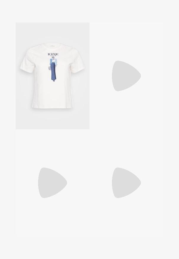 Hvid bomulds t-shirt med en grafisk illustration af en kvinde i en blå jakke og denimskørt, med teksten "ICONIC" trykt ovenfor.; Lyseblå denimjeans med slim fit, der har fem lommer, bæltestropper og en standard lynlås med knaplukning.; Hvide lædersneakers med sorte striber, gummirubber sål, rund tå, snørelukning og blød grå ruskinds tåhætte.; Par skinnende sølvøreringe med tynde trådlåse, vist på en lys grå baggrund.
