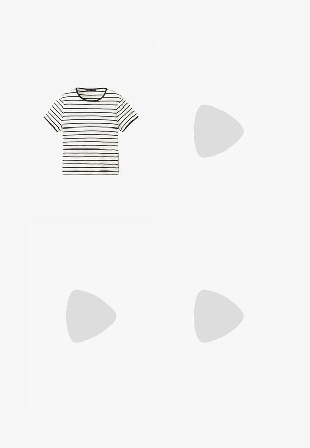 Chemise blanche à manches courtes avec fines rayures noires horizontales et un col rond noir.; Pantalons larges noirs avec une taille plate, comportant des plis à l'avant et une texture lisse. Pas de poches ni de matériel visible.; Manteau trench en cuir noir avec des boutons et une ceinture, associé à un pantalon ajusté marron clair et des mocassins noirs, assis sur un tabouret en bois.; Sac à main en cuir noir avec poignée courte, détails de chaîne dorée sur les côtés et petit emblème doré au centre avant.