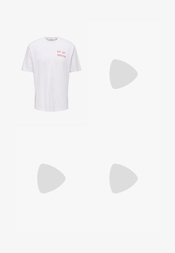 Weißes T-Shirt mit kurzen Ärmeln und rotem Schriftzug "OUT OF OFFICE" auf der linken oberen Brust und rundem Halsausschnitt.; Graue Jogginghosen mit einem elastischen Bund und Kordelzug. Hergestellt aus weichem Stoff, zeichnen sie sich durch gerade Beine und ein dezentes Logodetail aus.; Sneaker aus weißem Leder mit einer beigen Zehenkappe und leichter brauner Gummisohle. Verfügt über flache weiße Schnürsenkel und geprägtes Branding an der Seite.; Schwarzmetallrahmen-Sonnenbrille mit rechteckigen, dunklen Gläsern, dünnen Bügeln und verstellbaren Nasenpads. Leichtes Design mit minimalen Materialien.