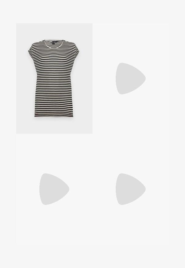 Zwart-witte gestreepte t-shirt met korte mouwen, voorzien van een ronde halslijn, een ontspannen pasvorm en een zachte katoenen textuur.; TOM TAILOR DENIM TTJONA SKINNY FIT - Jeans Skinny Fit - used dark stone blue denim; Zwarte gepatineerde leren slingback schoenen hebben een spitse neus, twee banden met gespsieraden en een platte zool.; Bruine lakleren handtas met een rechthoekige vorm, twee lange handvatten en subtiele gebogen accenten aan de voorkant.