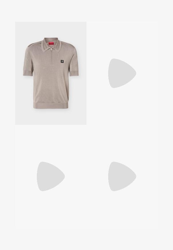 Polo de manga corta color marrón claro con cuello de cremallera y logo cuadrado negro de Hugo en el lado izquierdo del pecho.; Pantalones ajustados en suave tejido texturizado de color verde claro. Cuentan con un cierre de botón único y bolsillos laterales inclinados. Acabado liso en toda su superficie.; Mocasín de cuero negro para hombre con empeine grabado en relieve de cocodrilo y tacón bajo, mostrado de perfil sobre un fondo neutro.; Bolso cruzado de color gris con estampado, hecho de material texturizado, que cuenta con un cierre de metal y una correa ajustable con marca y acentos en negro.