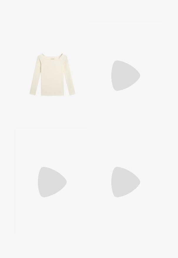 Langærmet beige top med en bred, let foldet firkantet halsudskæring og rent, enkelt design.; Beige viddebukser med forreste læg, knaplukning, bæltestropper og uden synlige lommer, vist på en hvid baggrund.; Beige patenteret læder højhælet pumpe med spidse tæer, lavudskårne sider og en slank hæl. Glat struktur med en blank finish.; Beige rektangulær skuldertaske med lange dobbelte stropper og klaplukning, vist mod en hvid baggrund.