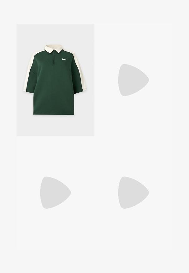 Tume-roheline lühikeste varrukatega polo särk valge kraega ja valge triibuga üle õlgade, rinnal väike valge Nike logo.; Heledad sinised spordilühikesed püksid, ribaga vöökoht, kaardus äär ja valged külgdetailid. Valmistatud pehmest ja kergest materjalist.; Must mustusjalats, millel on võrkmaterjalist ülemine osa ja läikivad kattekihtide detailid. Omab kaardus spiraallöögi pehmendust ning tekstuuriga jooni küljel. Nähtav Nike logo.; Must kurruline käekott korjatud sangaga, mis toetub tekstuurse kivikuuli peale beeži betoonseina taustal.