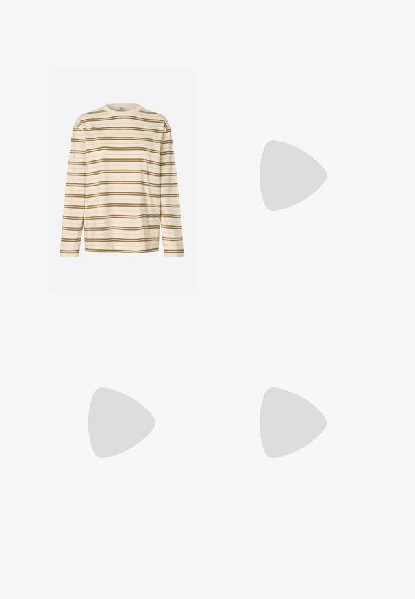 Chemise à manches longues à rayures crème avec des rayures vertes et rose pâle. Elle présente un col rond et un tissu doux et léger.; Un pantalon gris à large jambe avec des plis sur le devant et une ceinture noire, présenté à plat sur un fond blanc.; Chaussure de sport beige avec tige en mesh et support structuré, dotée d'une semelle coussinée avec unités d'air visibles et détails texturés.; Pochette rectangulaire en cuir camel avec bandoulière chaîne dorée et fermeture à tourniquet sur fond blanc uni.