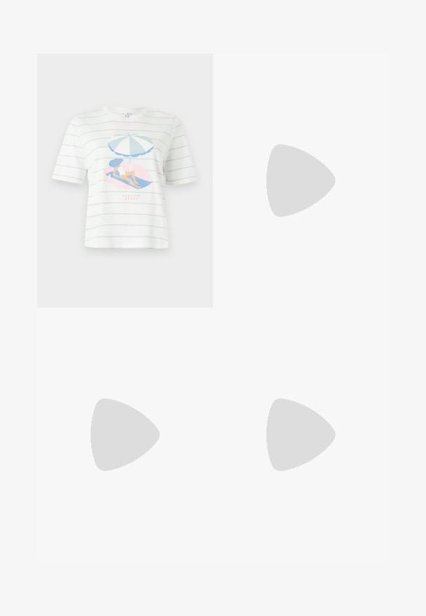 Hvid kortærmet skjorte med lyseblå striber og en grafik af en kvinde, der slapper af under en stribet parasol med teksten "FEELING SHADY".; Lys blå denimskørt med hvide broderede blomsterdesigns, fem lommer og knaplukning foran, med en lige, mini-længde.; Brun lakeret flad sko med spids tå, elastisk sløjfedetalje og en sølvspændeaccent på siden. Sort gummisål.; Bordeaux håndtaske lavet af glansfuldt materiale, rektangulær form, med to skulderremme og subtile buede detaljer på forsiden.