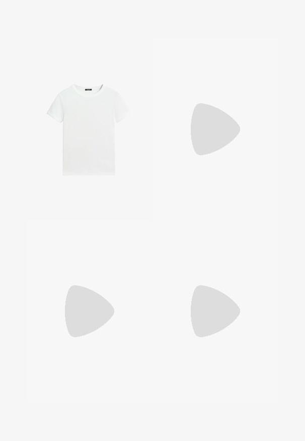 Effen wit T-shirt met korte mouwen, een ronde hals en een klein zwart labeltje aan de binnenkant van de kraag.; ICHI IHFlared - Flared Jeans - dark blue; Witte leren sneakers met zwarte strepen, gumrubberen buitenzool, ronde neus, vetersluiting en een zachte grijze suède neuskap.; Rechthoekige schildpadzonnebril met donkerbruine glazen en slanke pootjes, afgebeeld tegen een witte achtergrond.