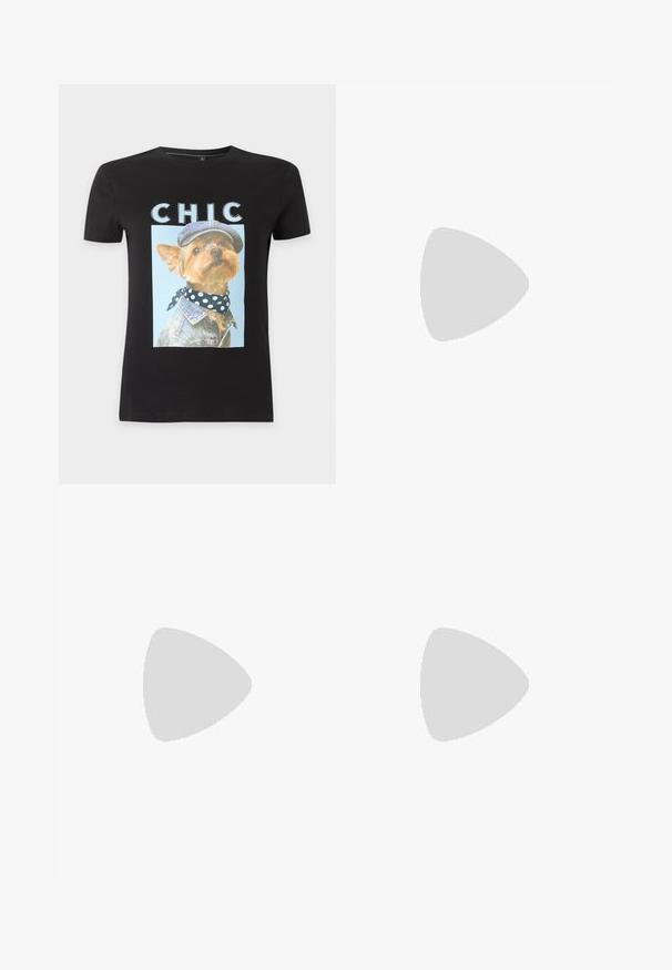 T-shirt noir avec une photo d'un petit chien portant une veste en jean, une écharpe à pois et une casquette, avec le mot "CHIC" au-dessus de l'image.; Jeans taille haute bleu clair à jambes larges, dotés de deux poches avant et de deux détails de genoux déchirés, fabriqués en matériau denim.; Chaussures à talons noires avec une bride, à bout pointu, finition mate lisse et talon fin brillant. Sangle ajustable avec petit détail de boucle.; Sac à main tissé bordeaux avec une silhouette arrondie, une seule poignée et une finition texturée. Fermeture zippée en haut.
