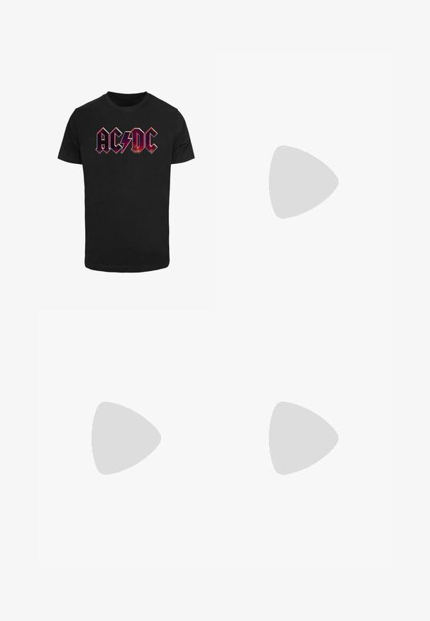 T-shirt en coton noir avec un logo AC/DC rouge et violet et un motif d'éclair, manches courtes et col rond classique.; Jeans à jambe large en denim bleu foncé avec une légère texture décolorée. Comprend des poches arrière et un détail logo décoratif.; Botte de cow-boy en cuir marron avec un long tige, un bout pointu, des motifs de couture complexes et un petit talon. Finition texturée tout au long.; Lunettes de soleil de couleur ambre avec une forme géométrique, verres foncés, épais montures transparentes et logo en relief sur les tempes.