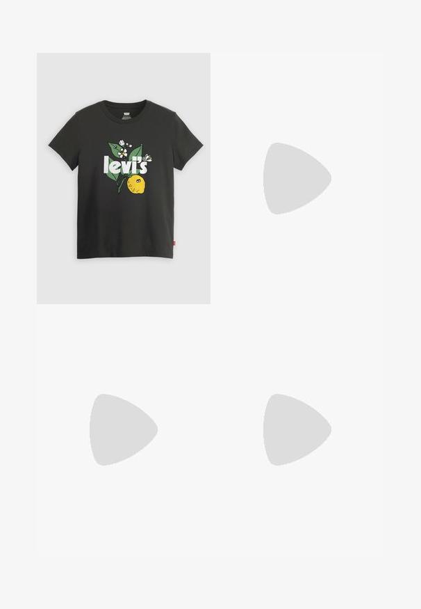 Sort bomulds t-shirt med et citronmotiv, hvid tekst der står "levi's," og blomsterdekorationer i grøn og hvid. Korte ærmer, rund hals.; Lysegrå højtaljede jeans med lige ben, forlommer, bæltestropper og lynlåslukning.; Sort high-top canvas sneaker med hvid gummisål og hvide snørebånd, vist fra siden mod en hvid baggrund.; Sort læderbælte med en glat overflade, oval sølvmetalspænde og flere justeringshuller langs stroppen. Flad, minimalistisk design.